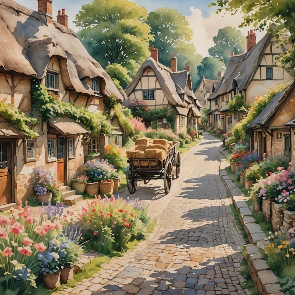 Picturesque English Village Watercolor Landscape