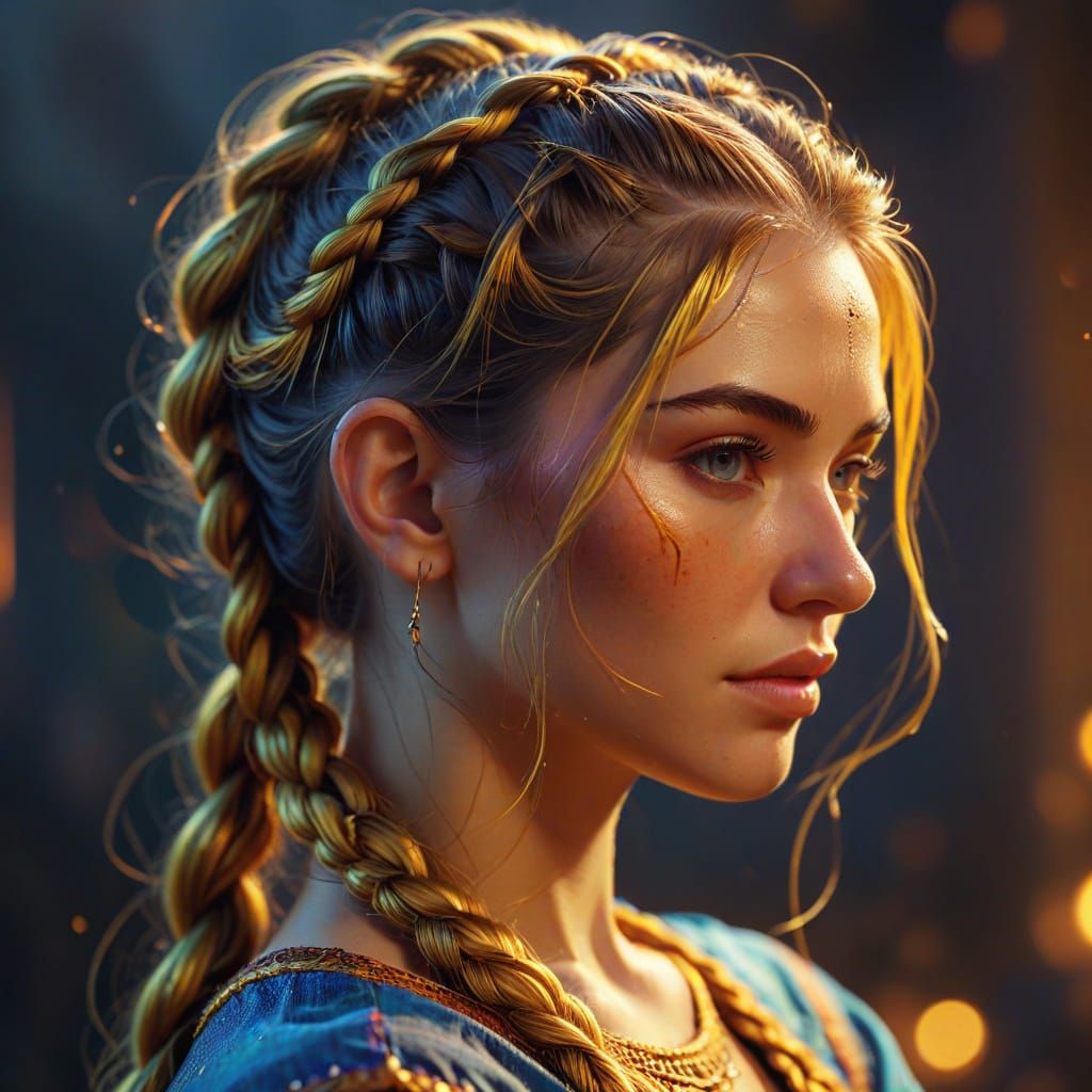 Woman Braiding Hair in Fantasy Oil Painting