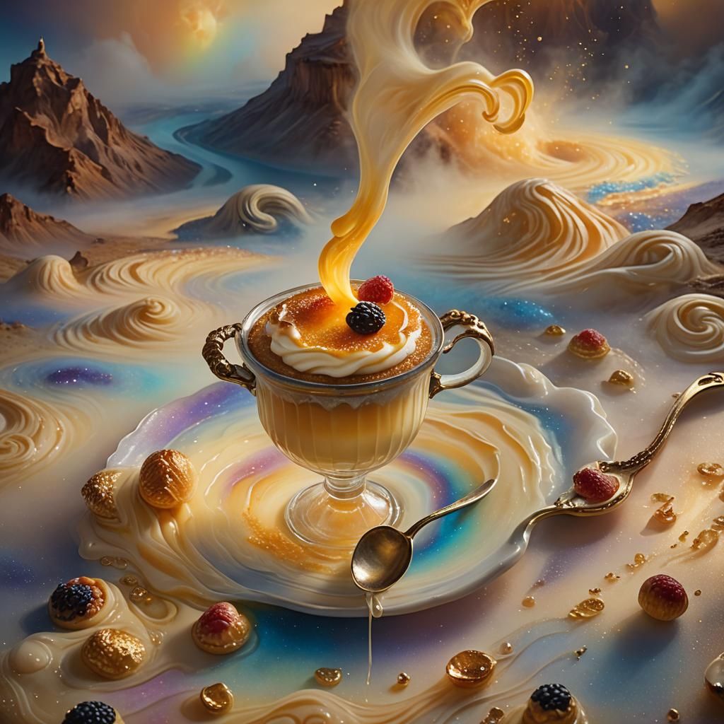 Fantasy Creme Brulee Dessert in Dreamlike Setting