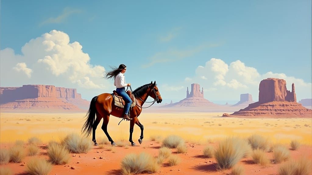 Impressionistic Navajo Woman Riding Through Desert