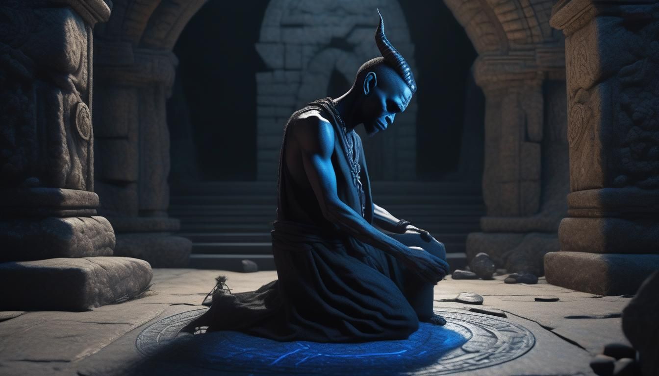 Overhead shot Photorealistic, hyper realistic, tiny skinny black demon prays at a stone altar. He has scaly skin. He kne...