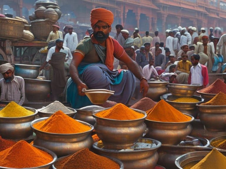 Indian spice seller at a busy market stall