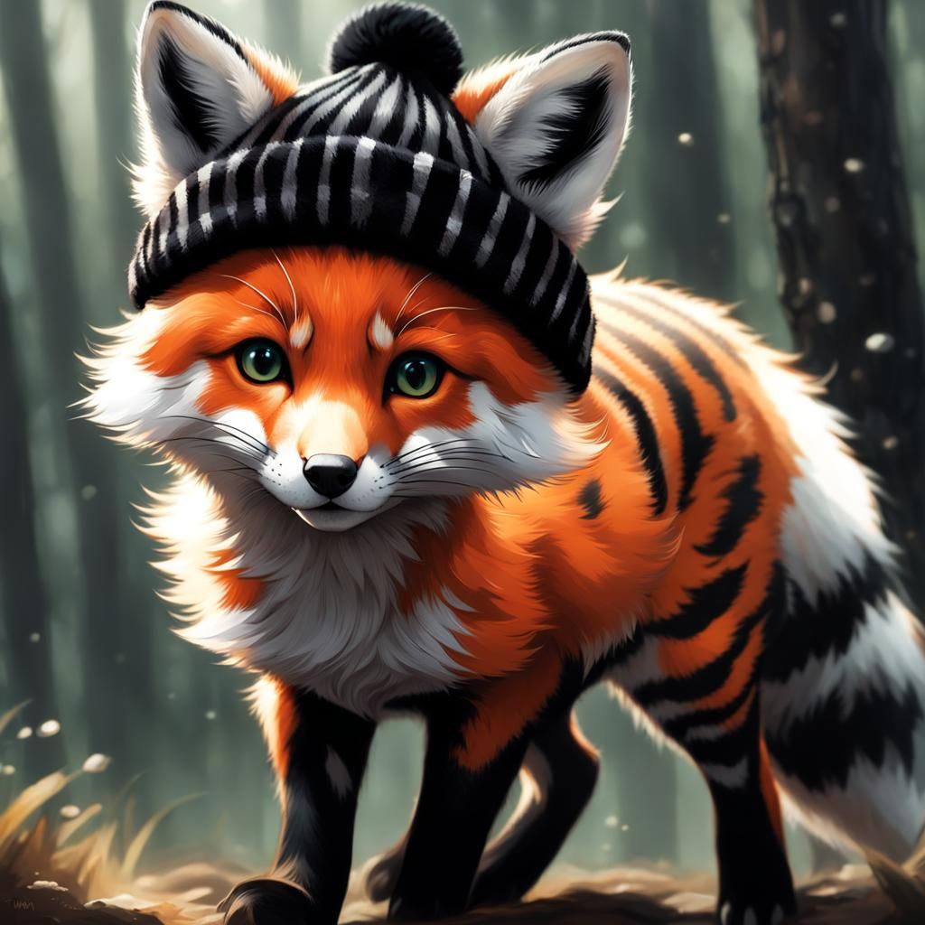 Whimsical Red Fox Cub with Tiger Stripes and Beanie