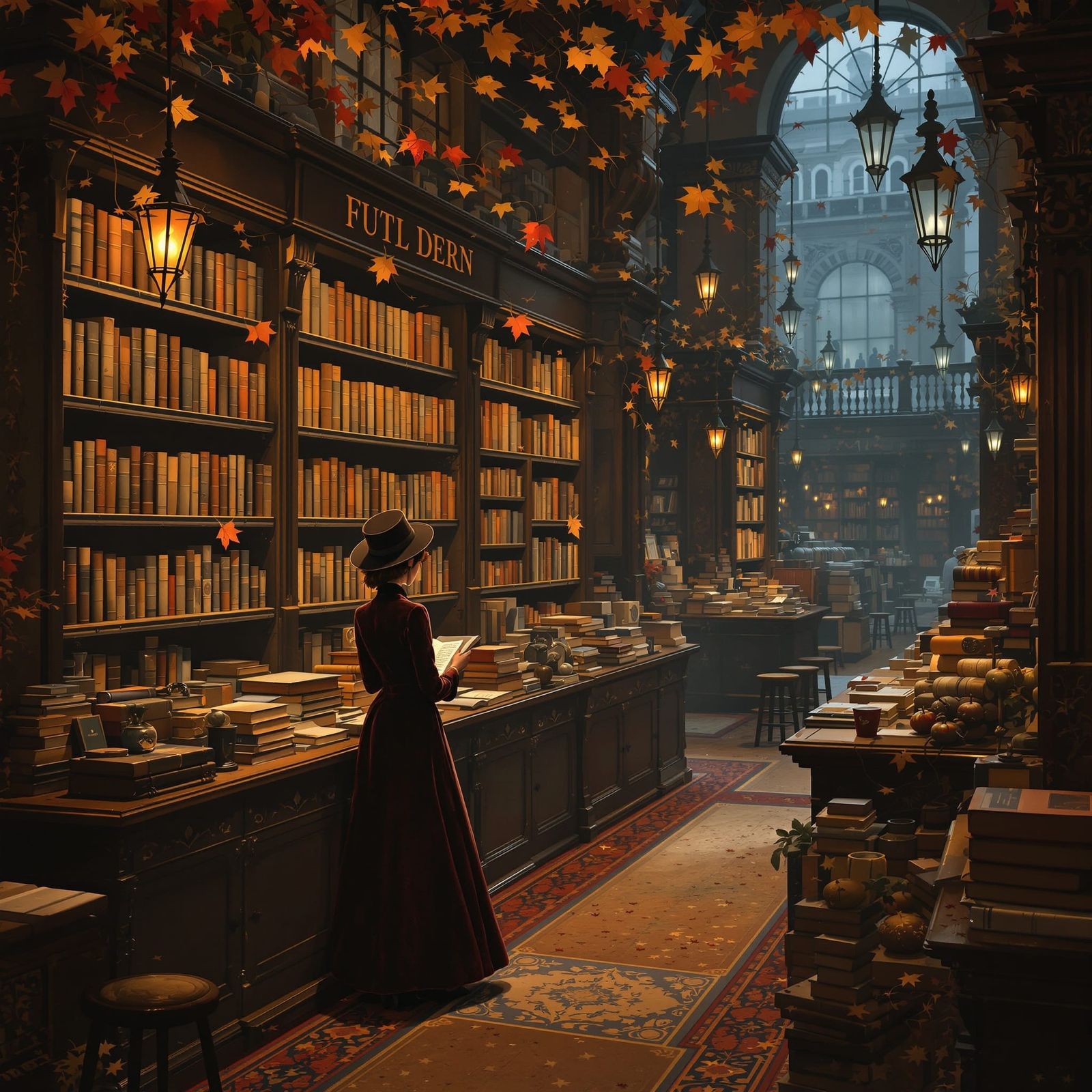 Victorian Woman in Cozy Autumn Bookshop