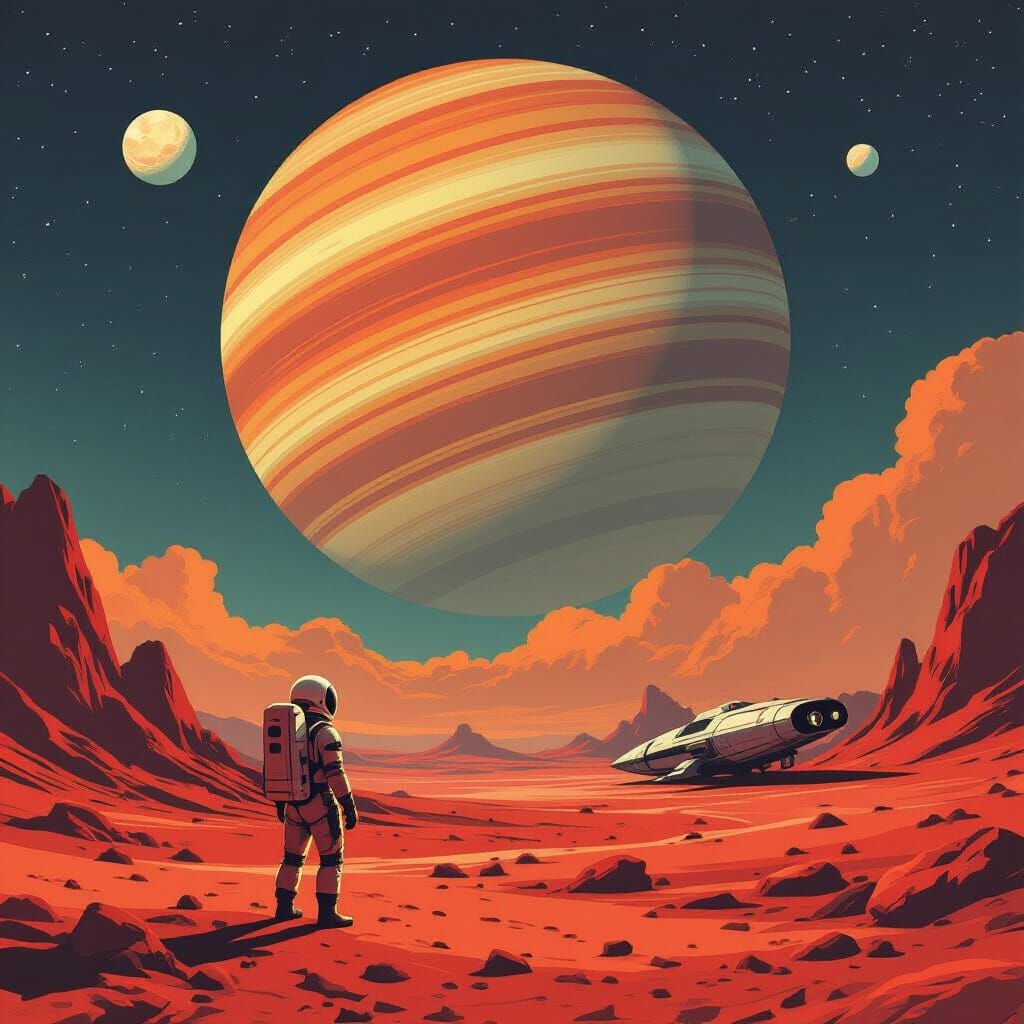 Astronaut Gazes at Ringed Planet from Crimson Alien World