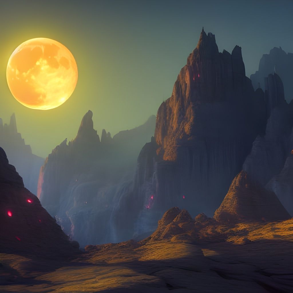 Fantastical Moonrise Over Canyon in Detailed Matte Painting