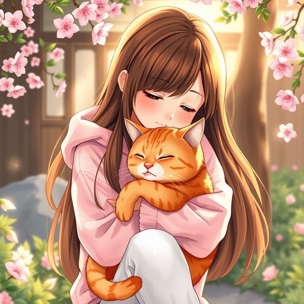 Girl in Anime Style Hugs Vibrant Orange Tabby Cat in Whimsic...