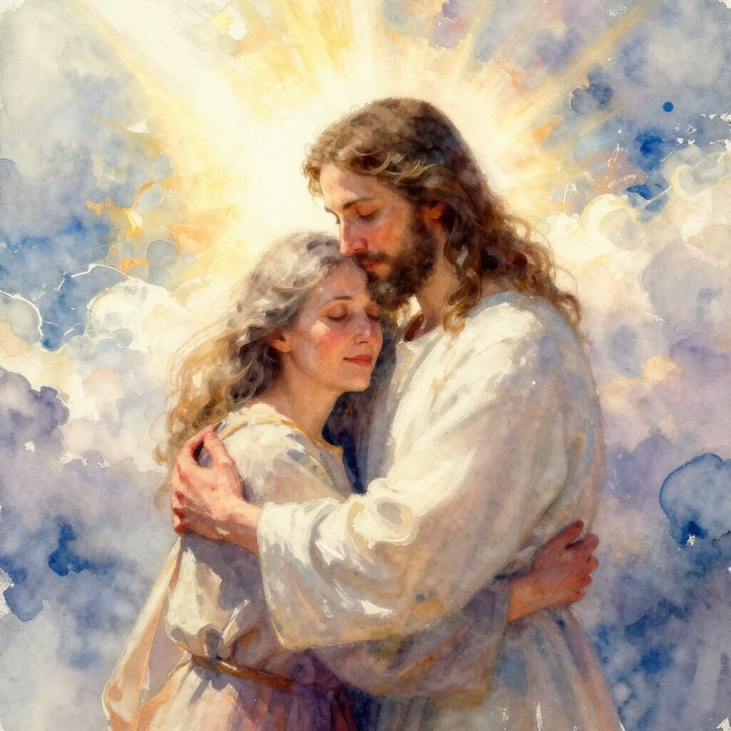 Woman Embraces Jesus in Ethereal Watercolor Scene