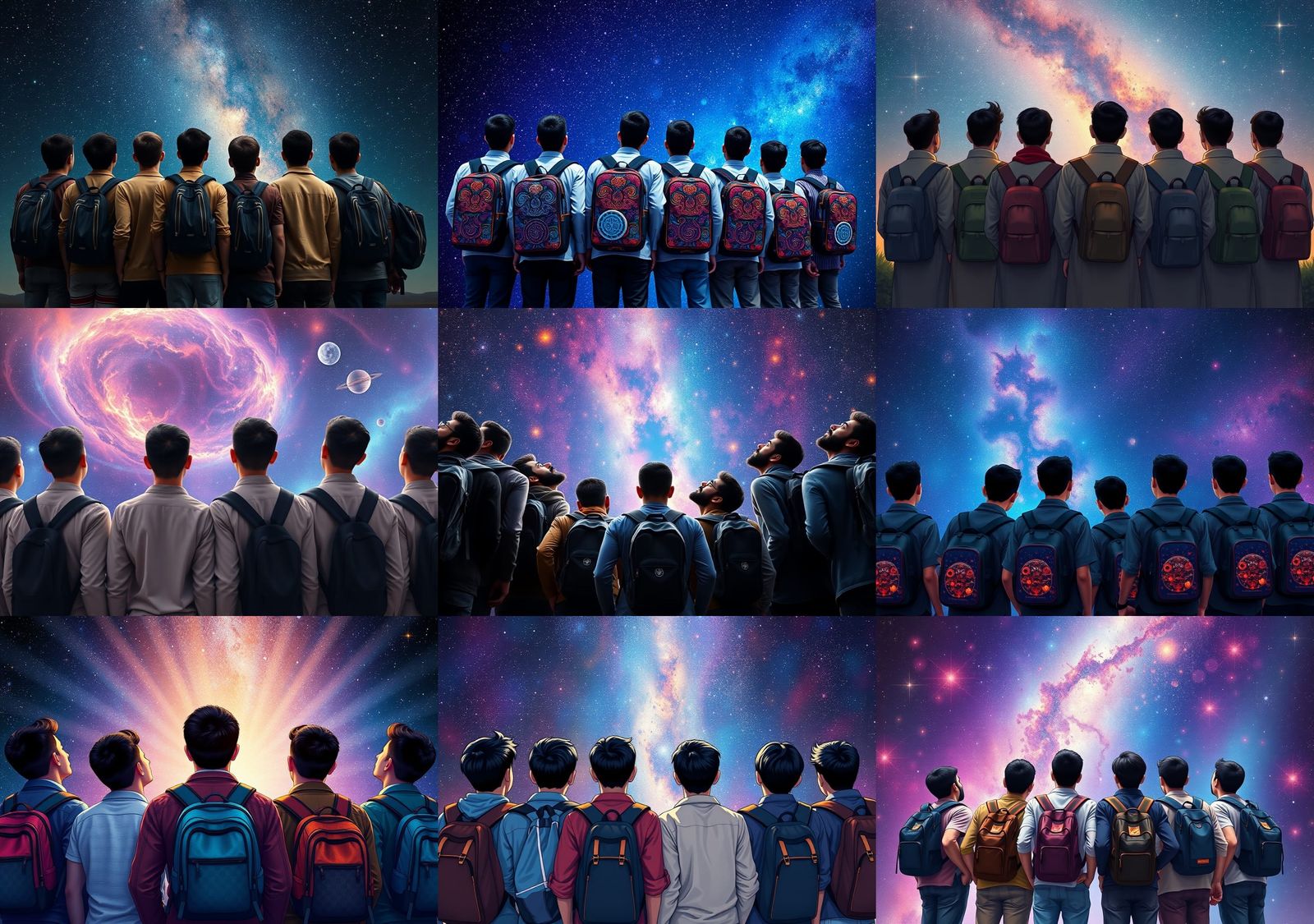 Students Observe Galaxy in Astral Illustration Style