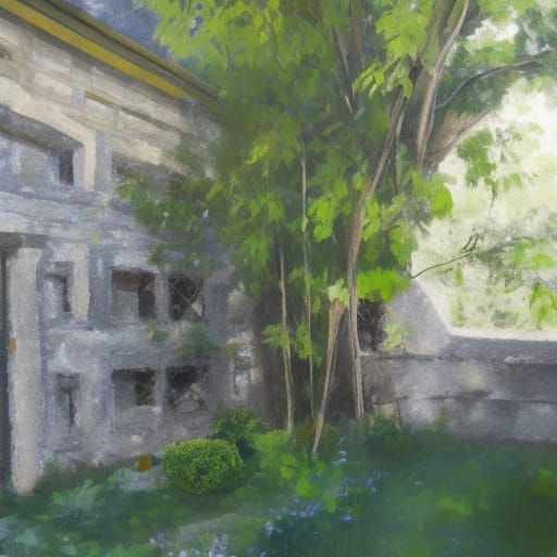 Nobleman's Courtyard: Exotic Garden Oil Painting