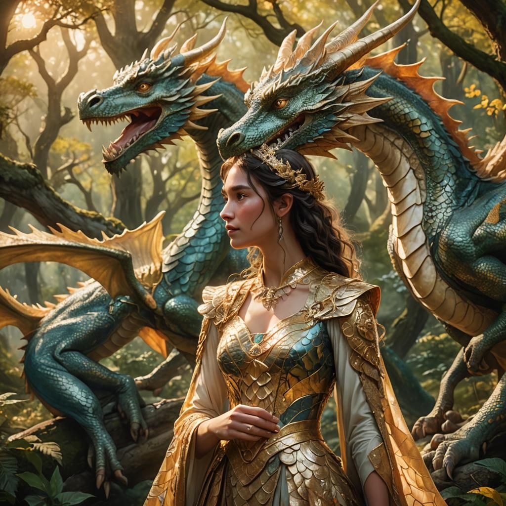 Fairy Petting Dragon in Forest: Fantasy Concept Art