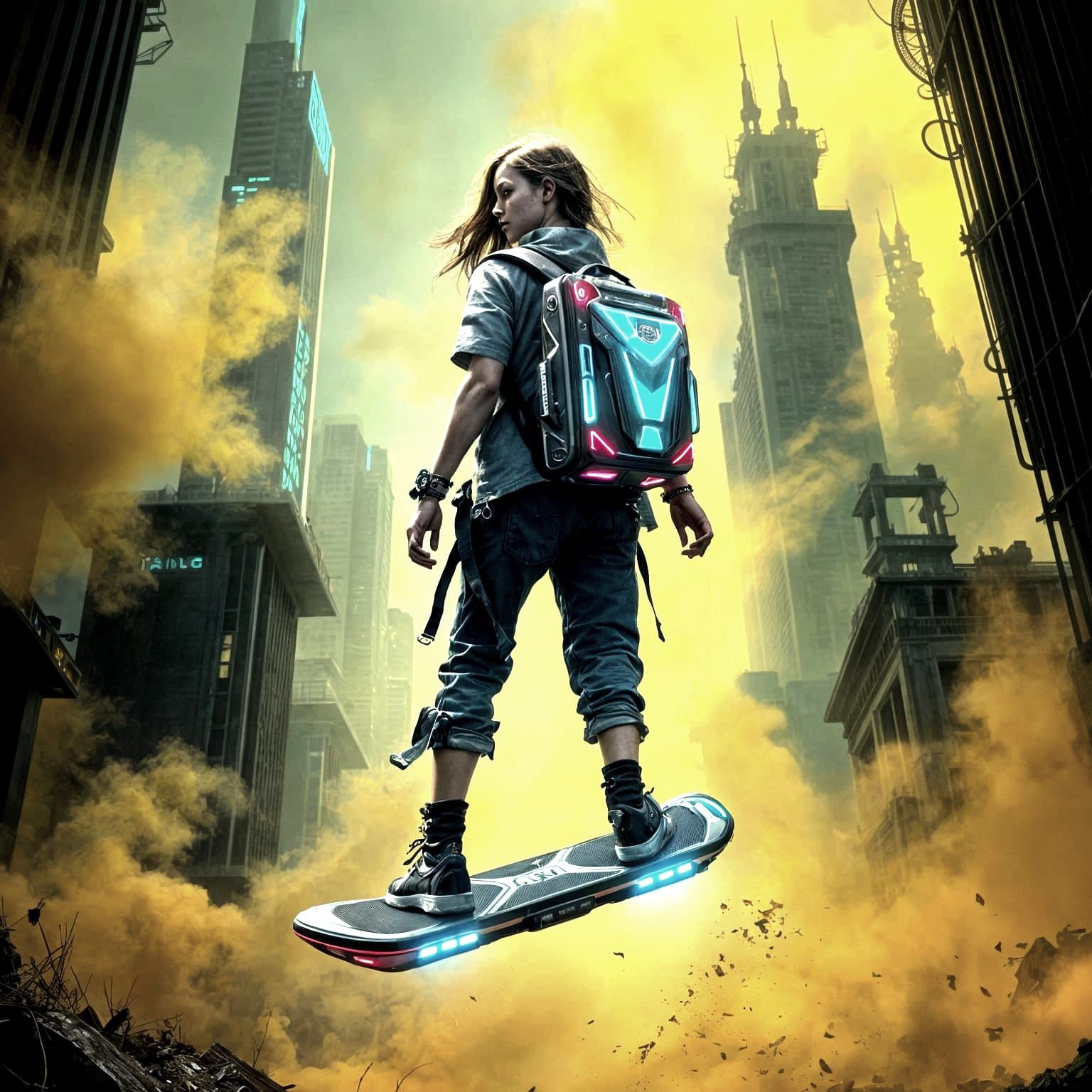 Teenage Girl on Hoverboard in Yellow Mist
