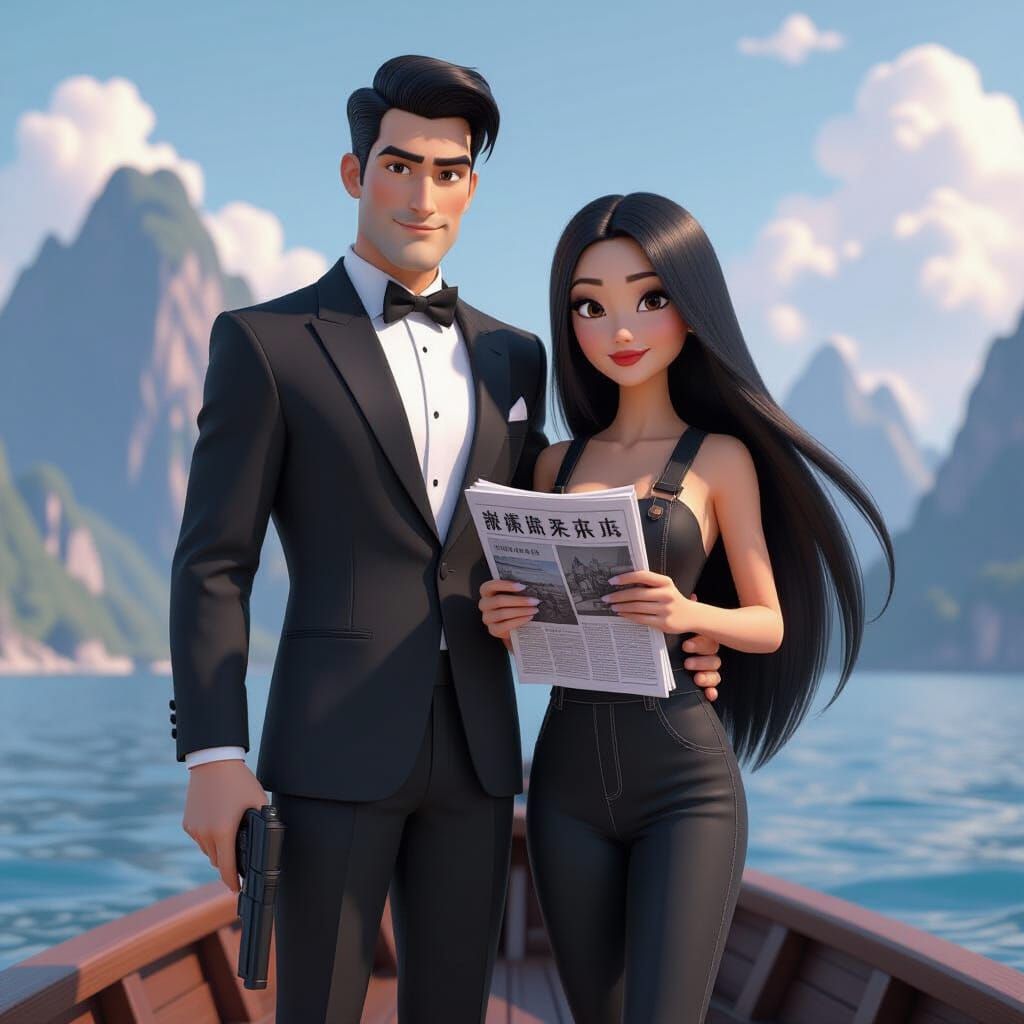 Pixar-Style Spy Couple on Boat in Mountains
