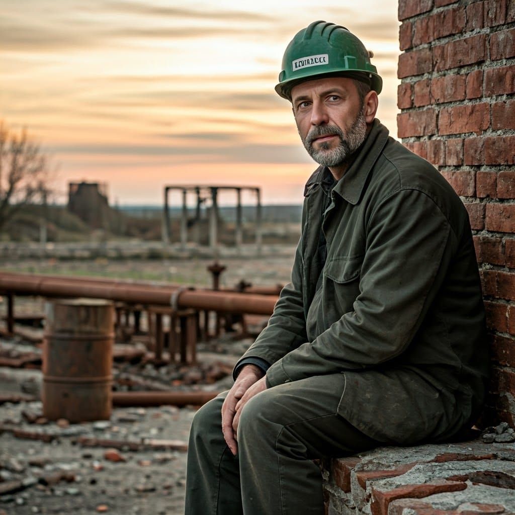 Rugged Italian Geologist in Industrial Landscape at Sunset