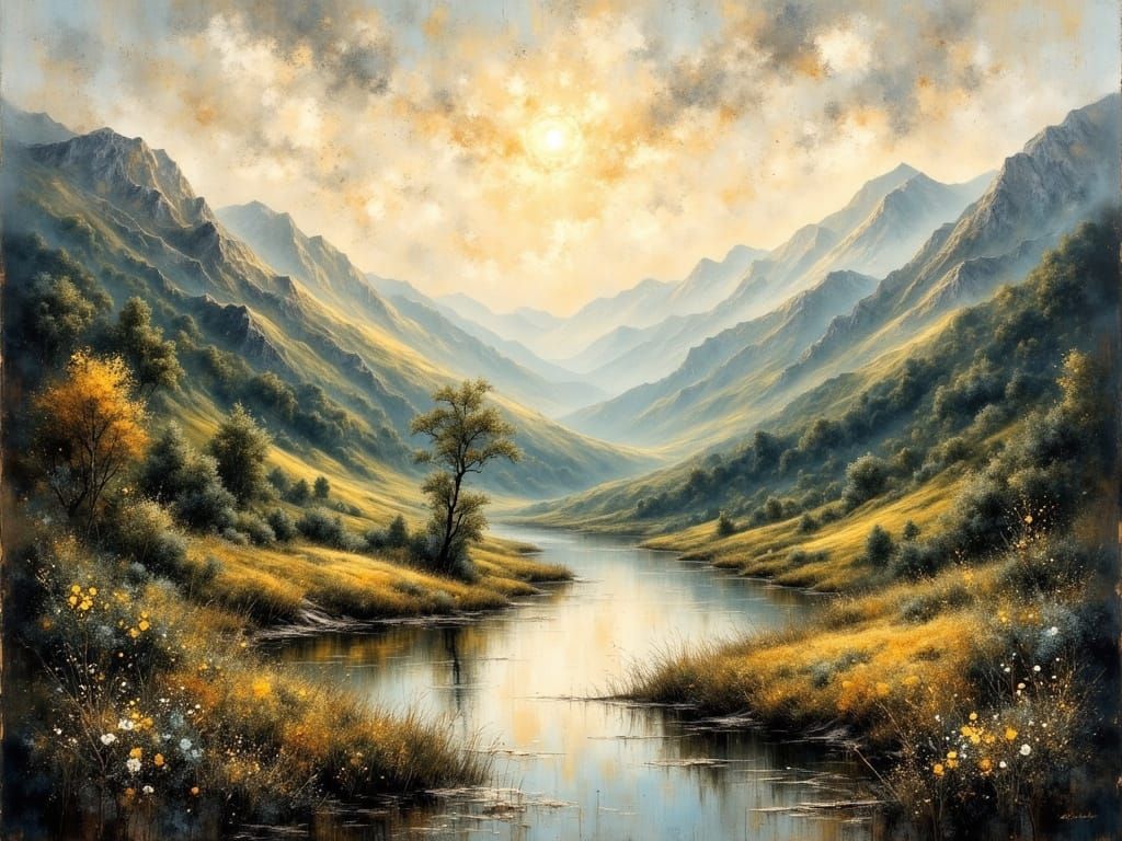 Tranquil Landscape Painting in Hudson River School Style