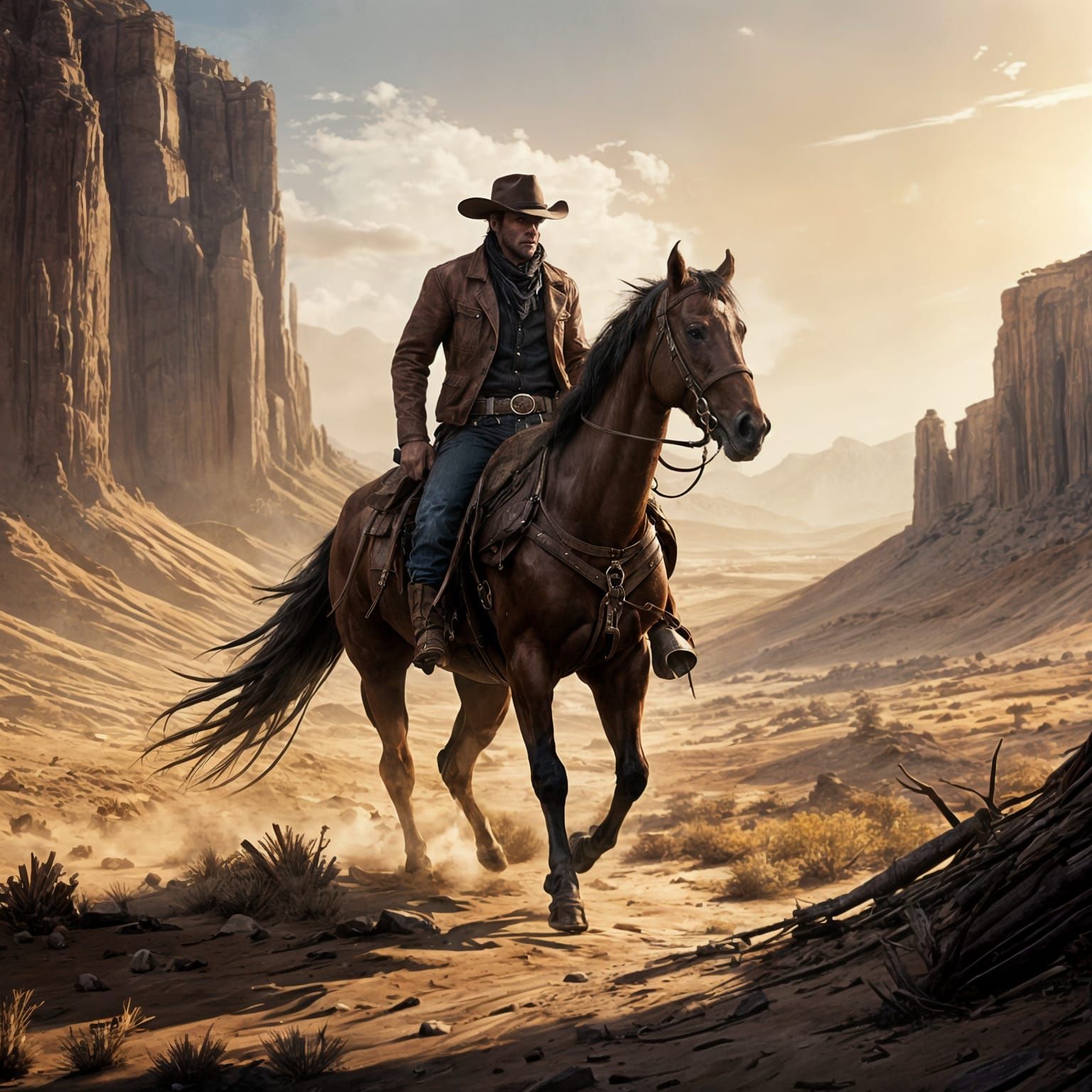 Rugged Cowboy on Horseback in Dramatic Style