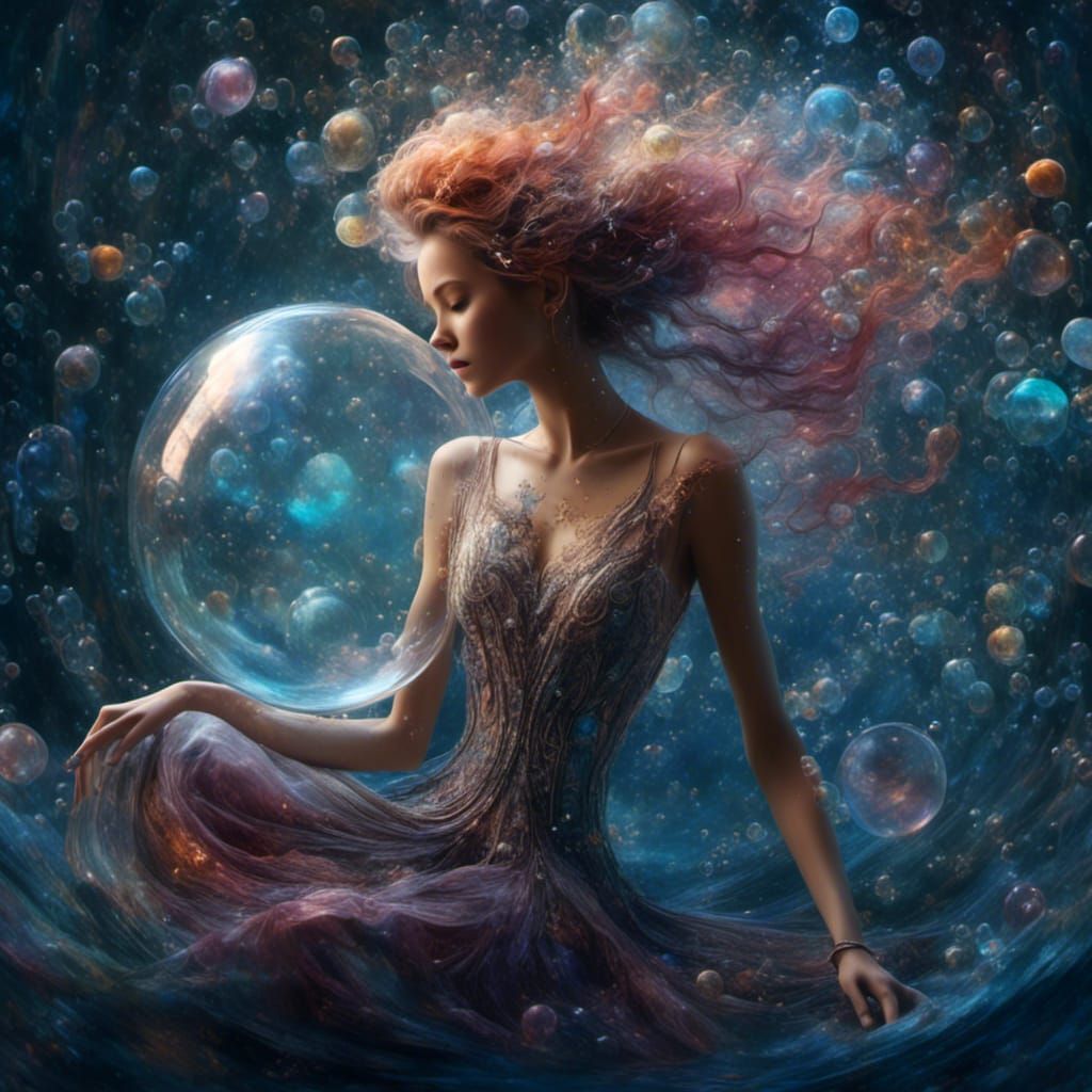 Cosmic Woman in Bubble: Hyperreal Digital Art