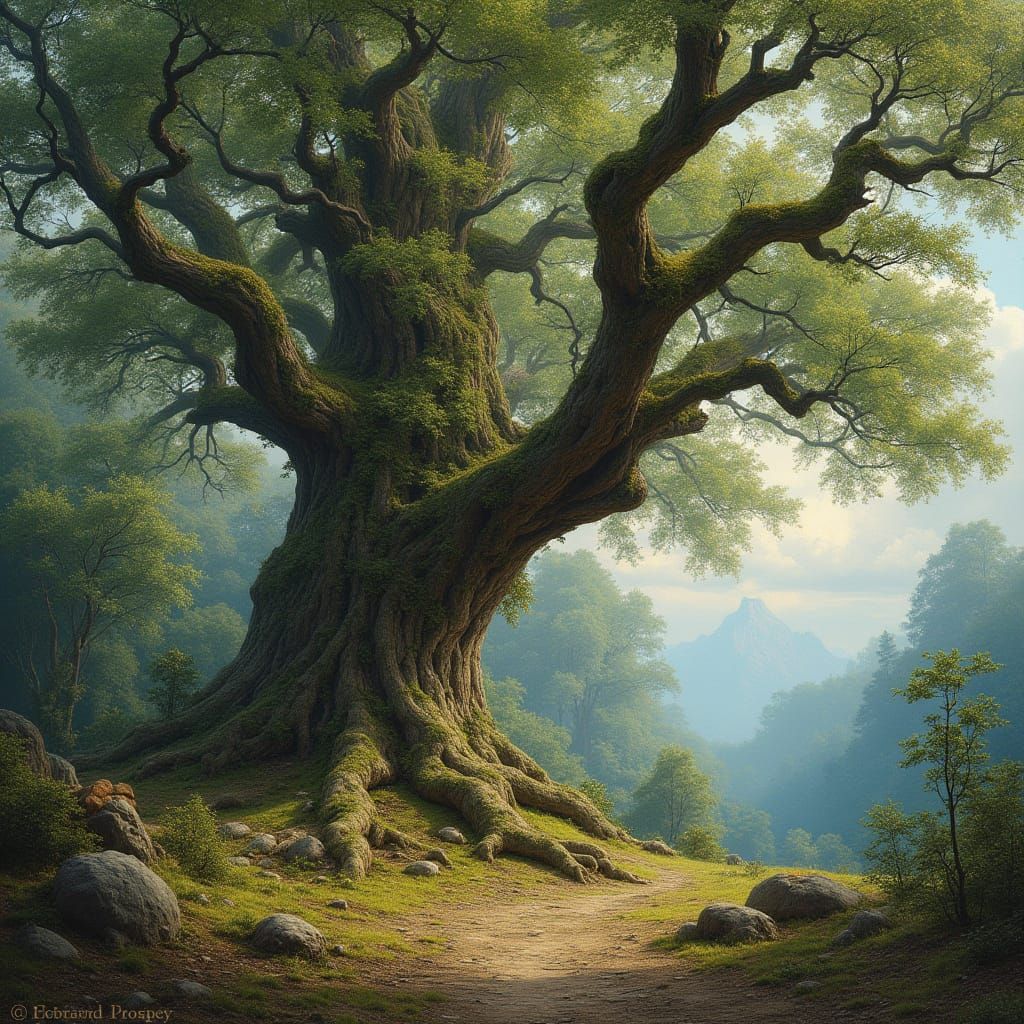 Majestic Old Tree in Lush Forest: Realistic Detailed Image