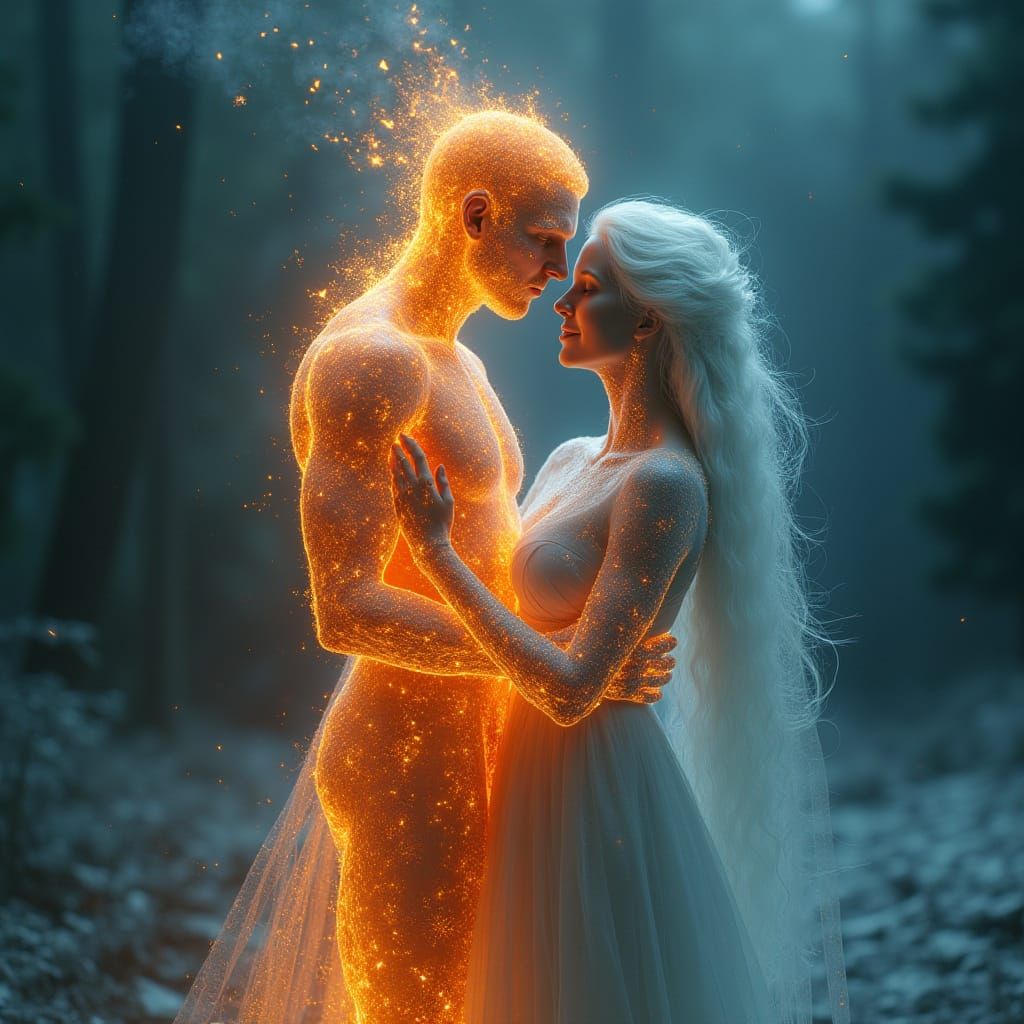 Fire Man and Ice Woman Embrace in Ethereal Style