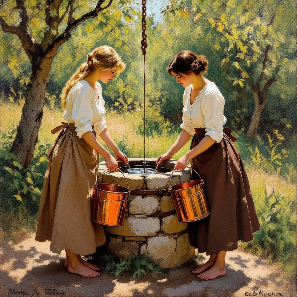 Young Women at a Well: An Impressionistic Painting