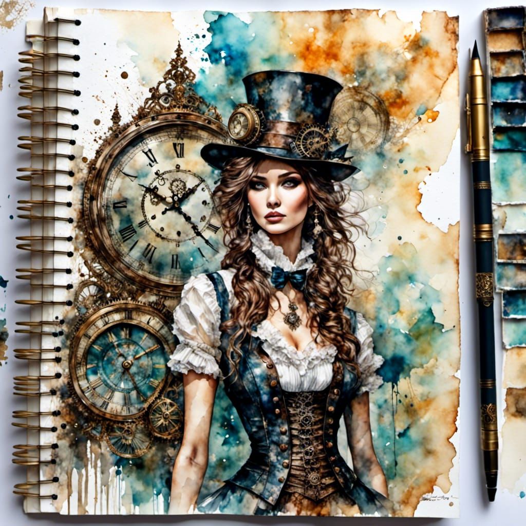 Steampunk Art Journal in Watercolor Style
