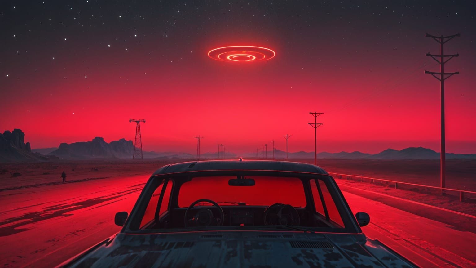 Surreal UFO in Desert Sky at Dusk, Seen from Car Window