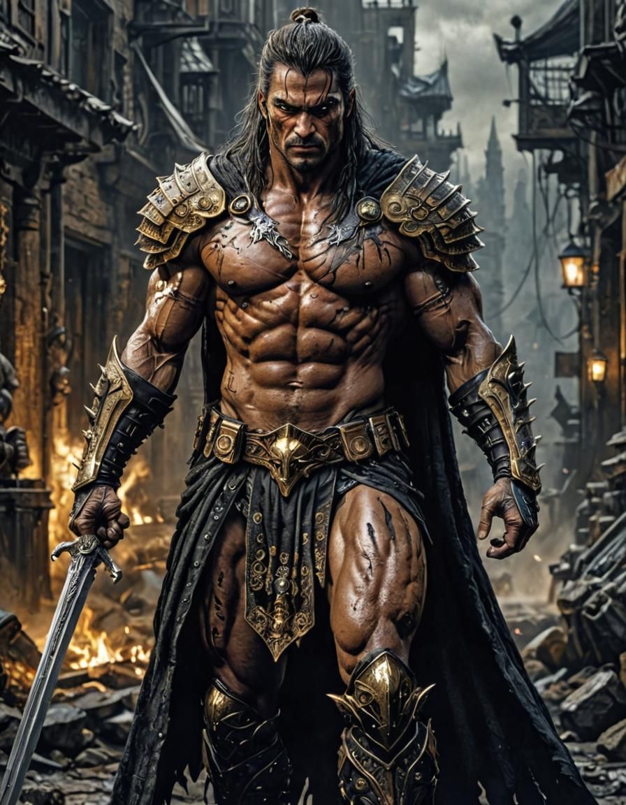 Muscular Warrior in Black and Gold: Detailed Realism