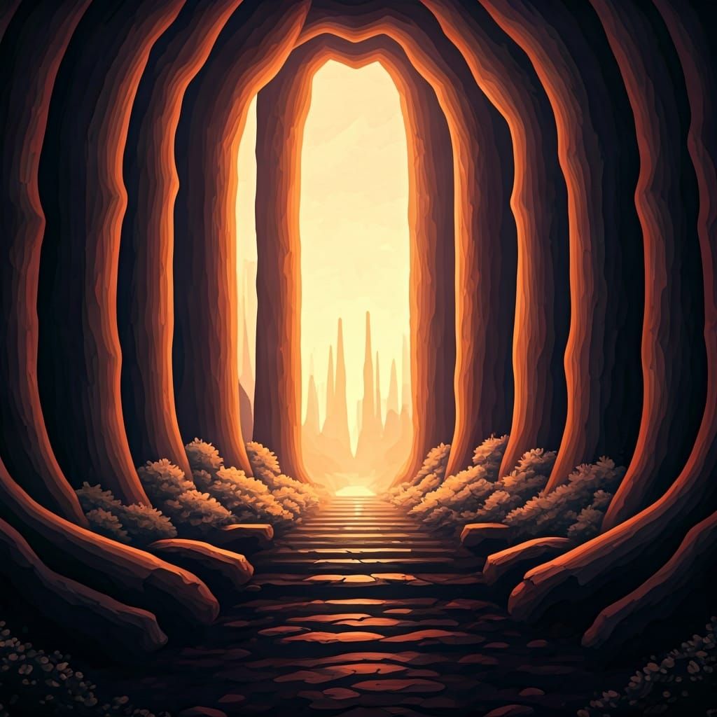 Icosahedron Geometry in Gouache Style Landscape