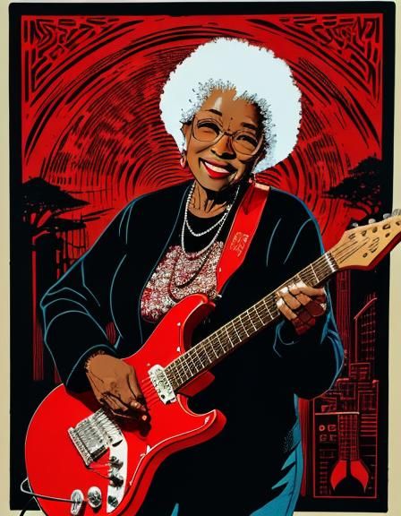 Elderly Woman Playing Guitar, Linocut Print