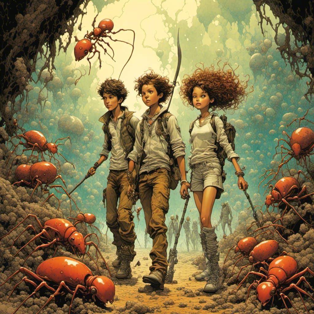 Shrunken Teens Face Giant Ants in Comic Style