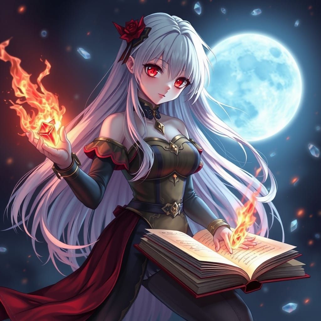 Mystical Maiden with Blood-Red Eyes and Celestial Magic