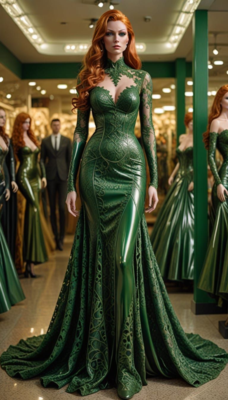 Statuesque Woman in Latex Lace Ballgown, Hyperrealistic