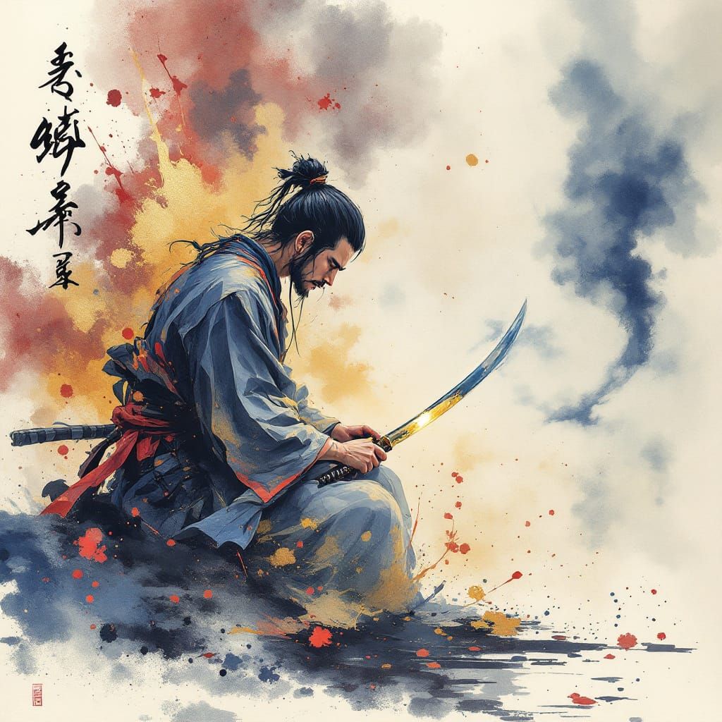 Samurai Calligraphy in Vibrant Sumi-e Style