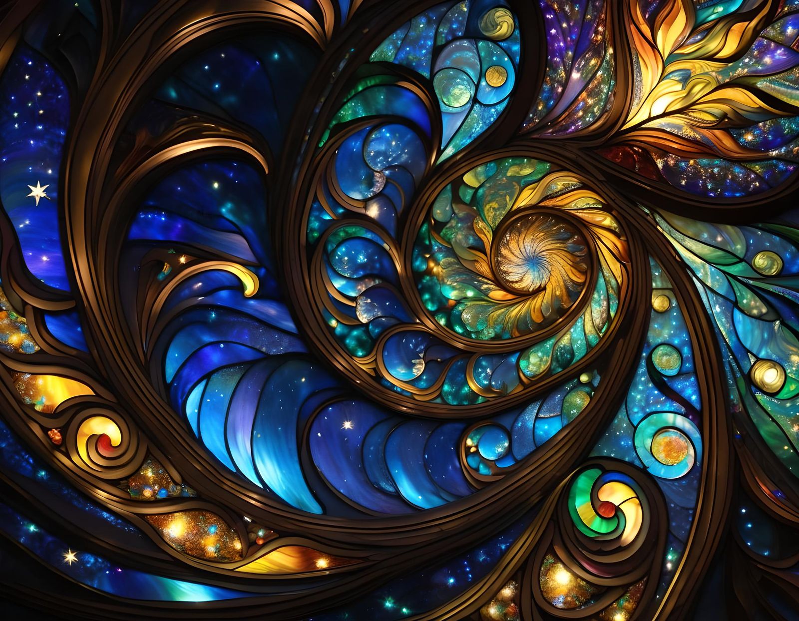 Stained Glass Divine Landscape Under Starry Night