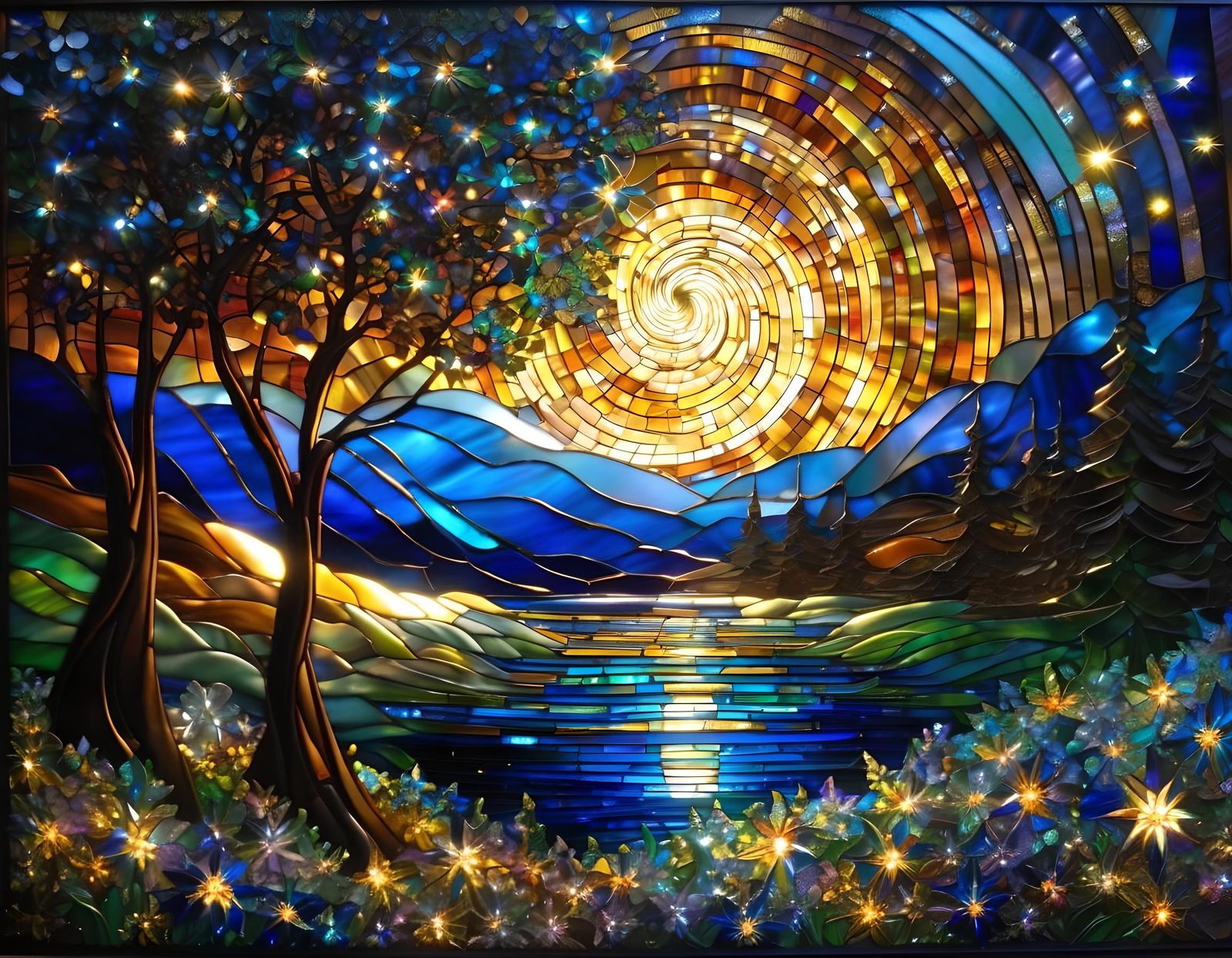 Stained Glass Divine Landscape Under Starry Sky