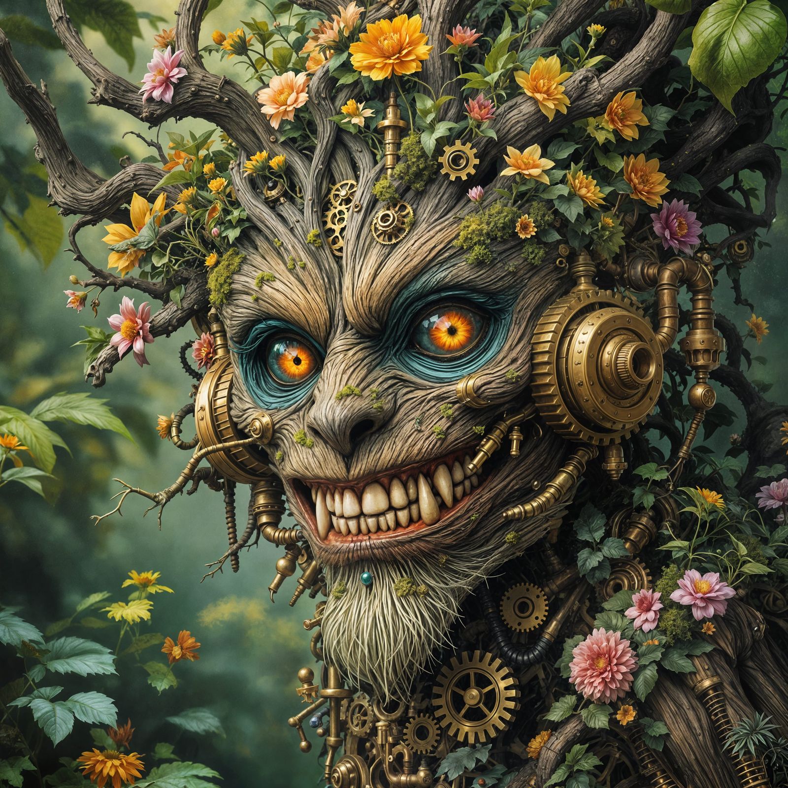 Whimsical Steampunk Dryad in Vibrant Jungle