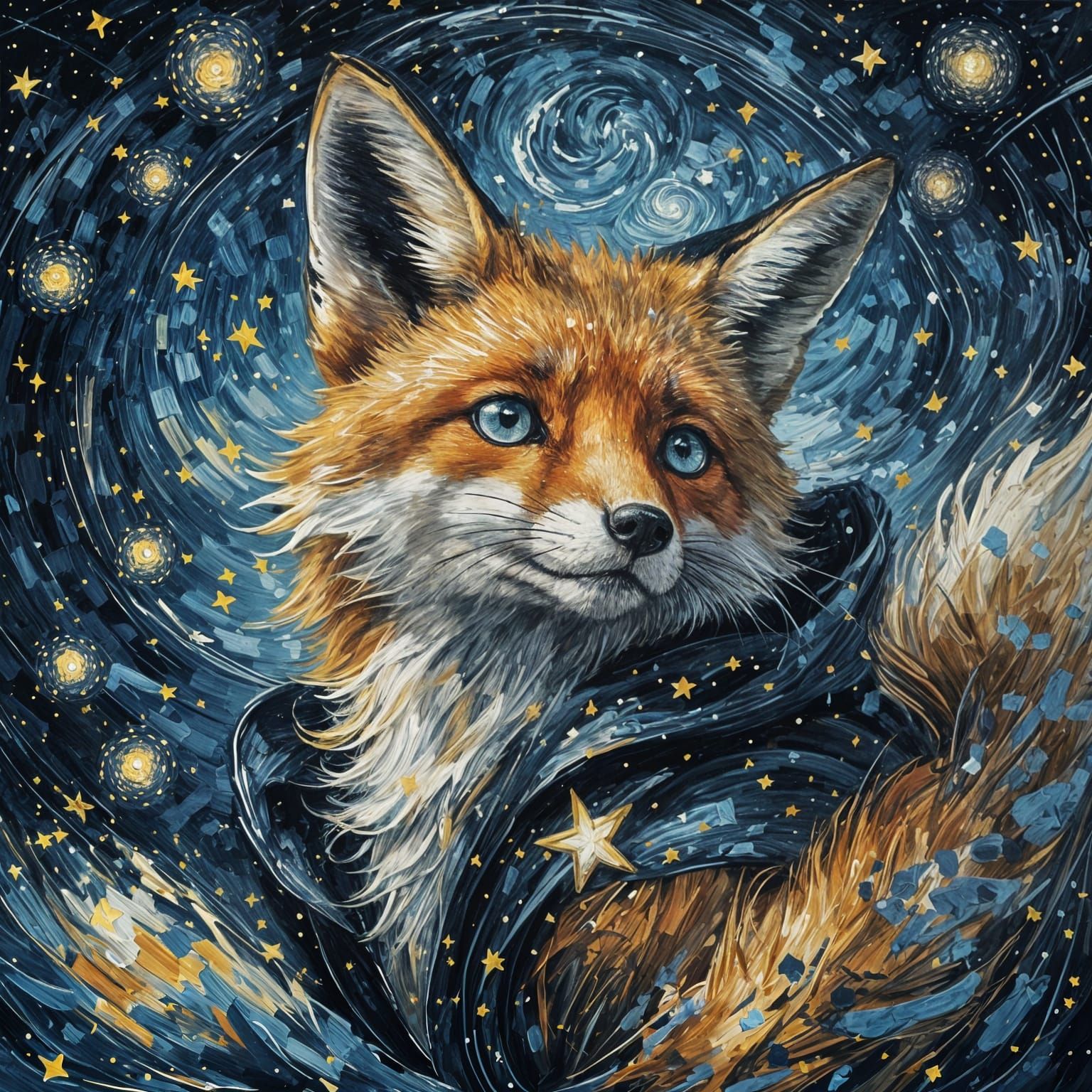 Starry Night Fox: Van Gogh Inspired Painting