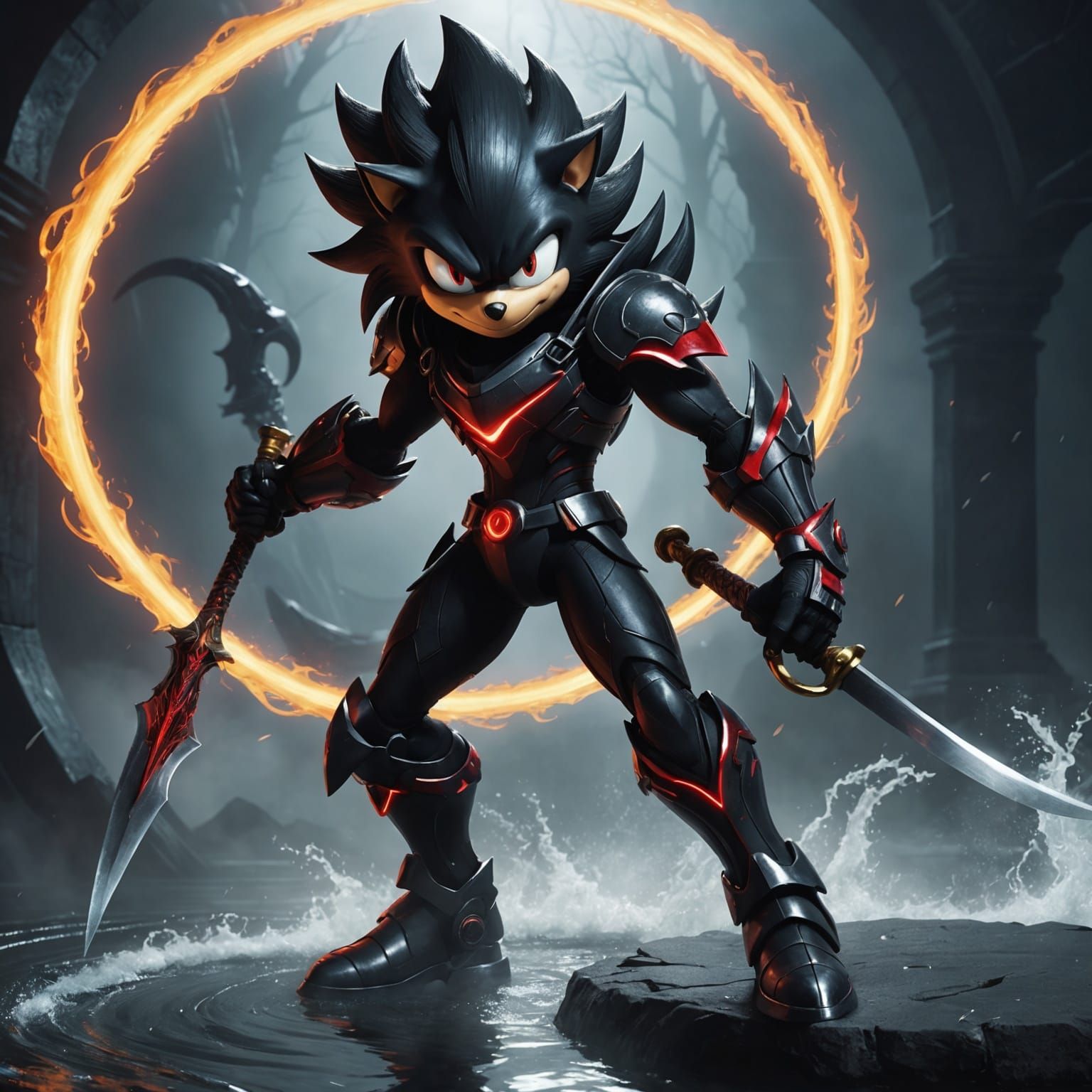 Shadow the Hedgehog Posing with Scythe in Surreal Scene