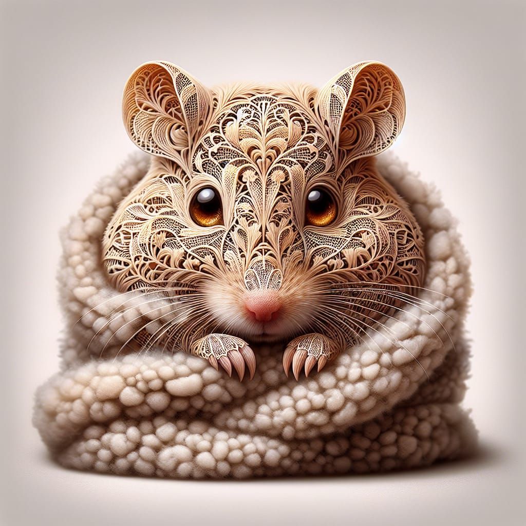 Filigree Hamster Snuggled in Fuzzy Blanket