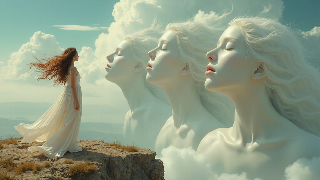 Surrealist Masterpiece of Ethereal Women Floating Above a Cl...