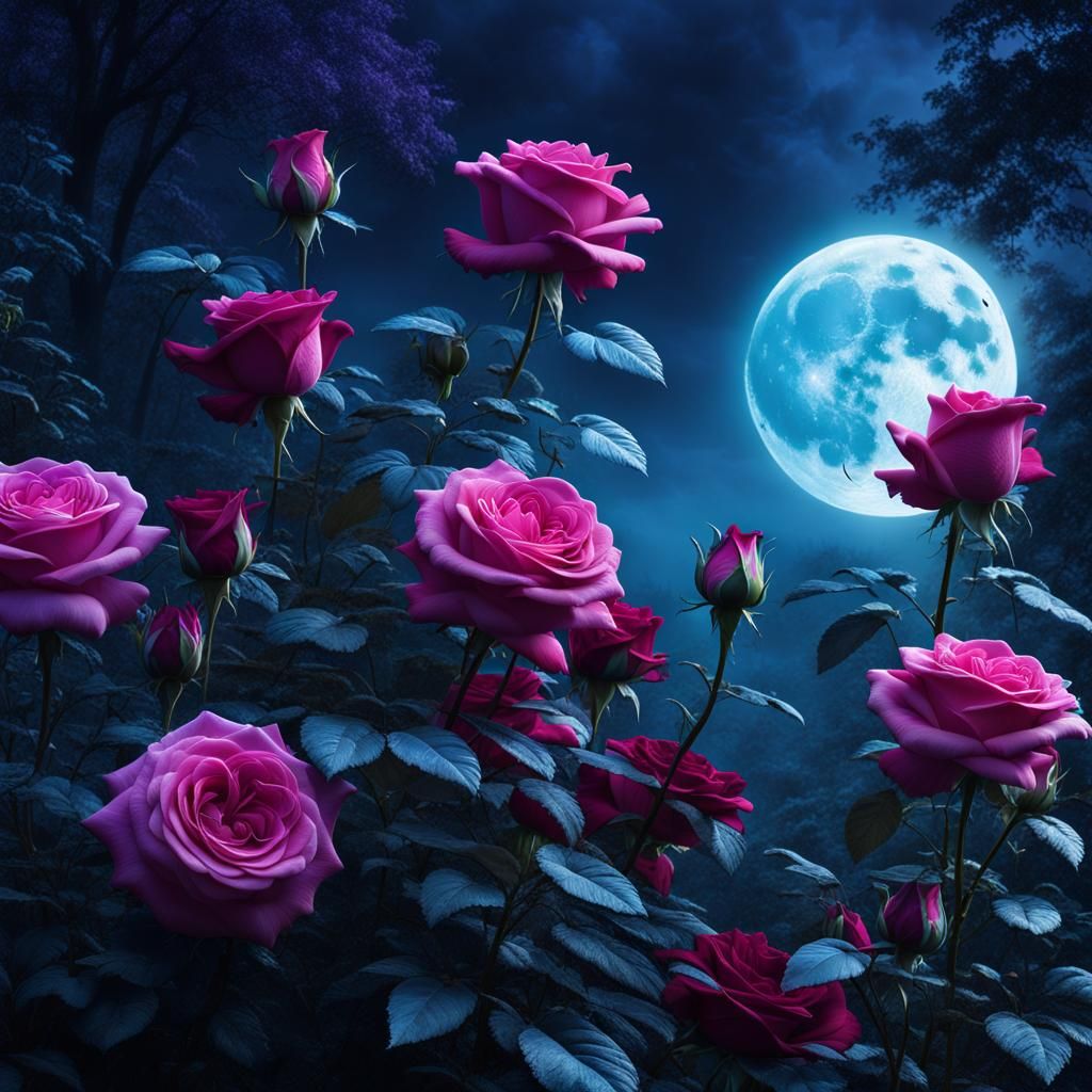 Mystical Roses Under Moonlit Fantasy Landscape