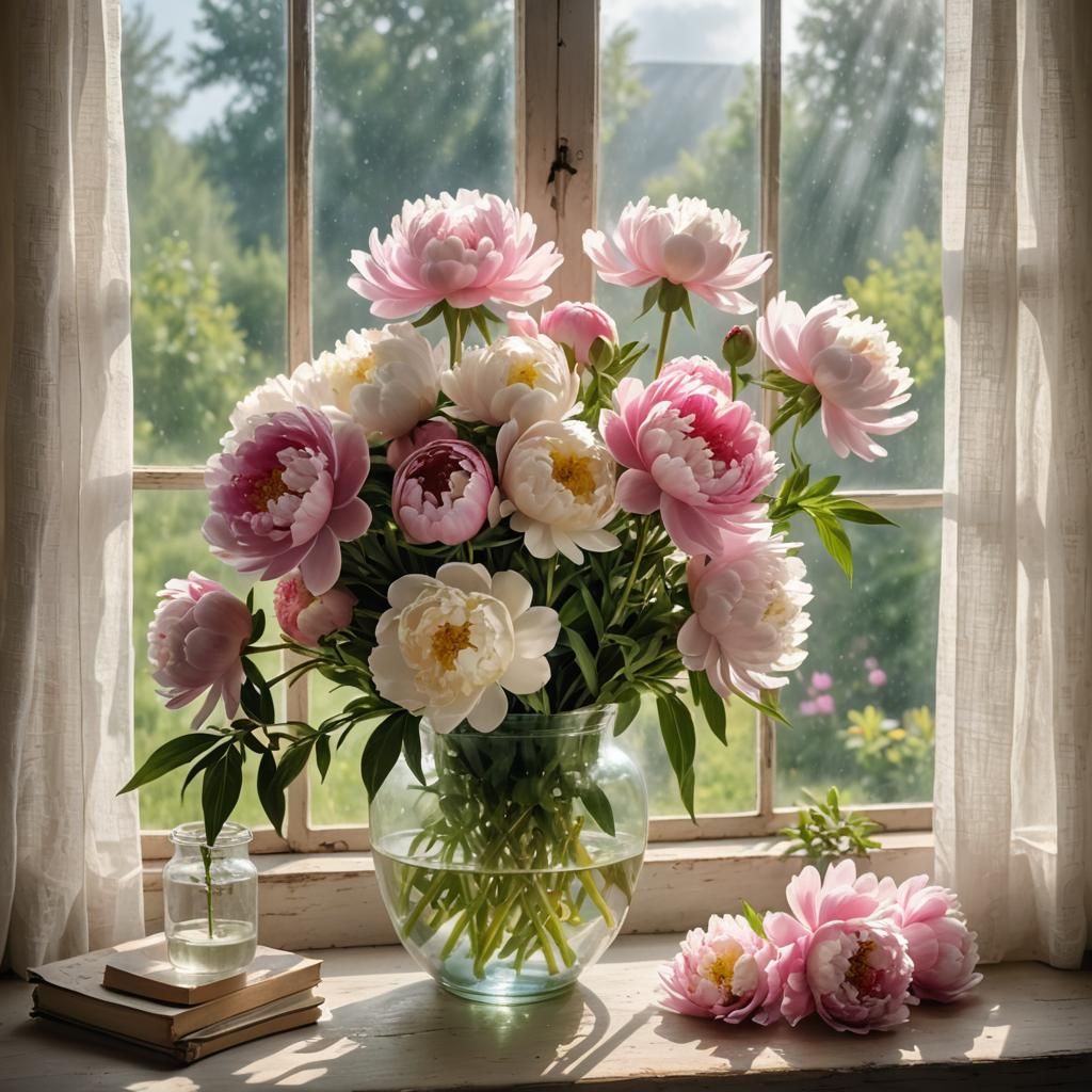 Peonies in Vase on Farmhouse Window