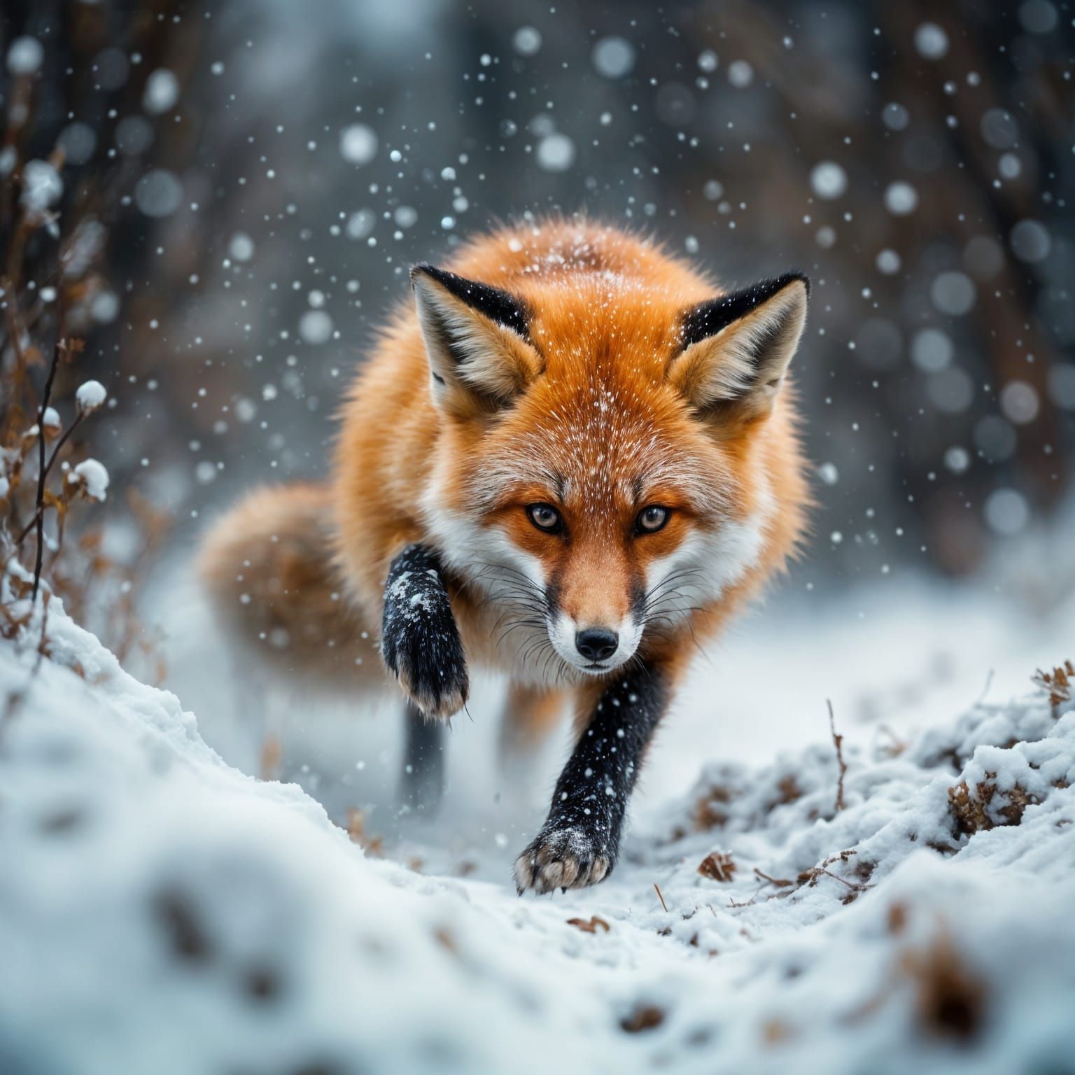 Hyperrealistic Fox Leaping into Snowy Landscape