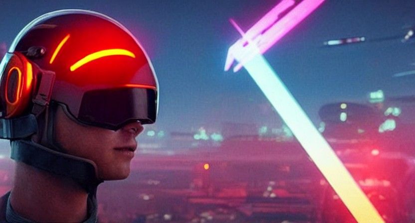 Cyberpunk Pilot Visor Reflecting Neon Cityscape