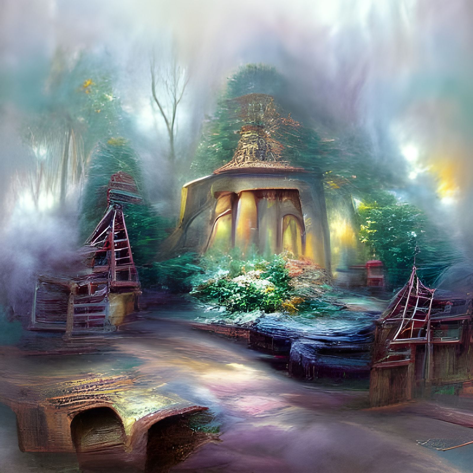 Ethereal Ancient Temple in Forest, Fantasy Art