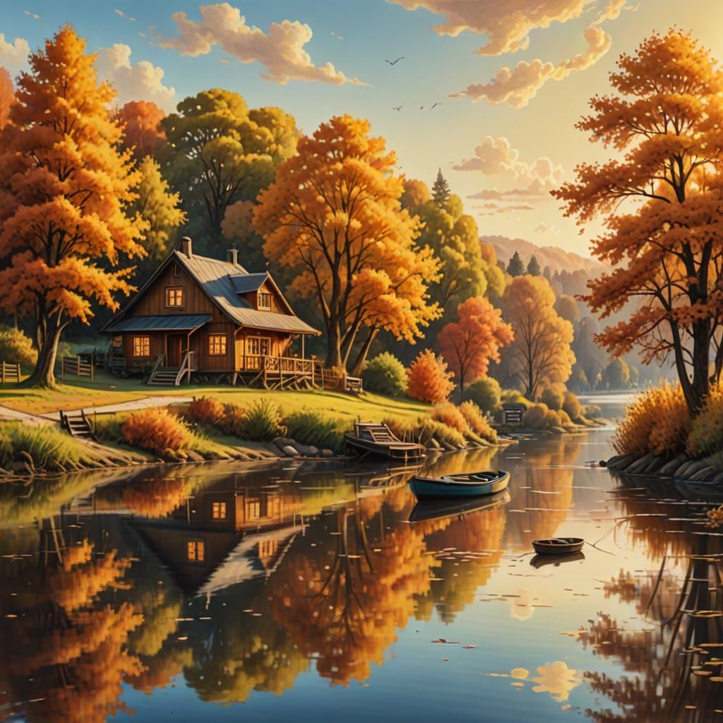 Whimsical Autumn Landscape with River in Airbrush Art