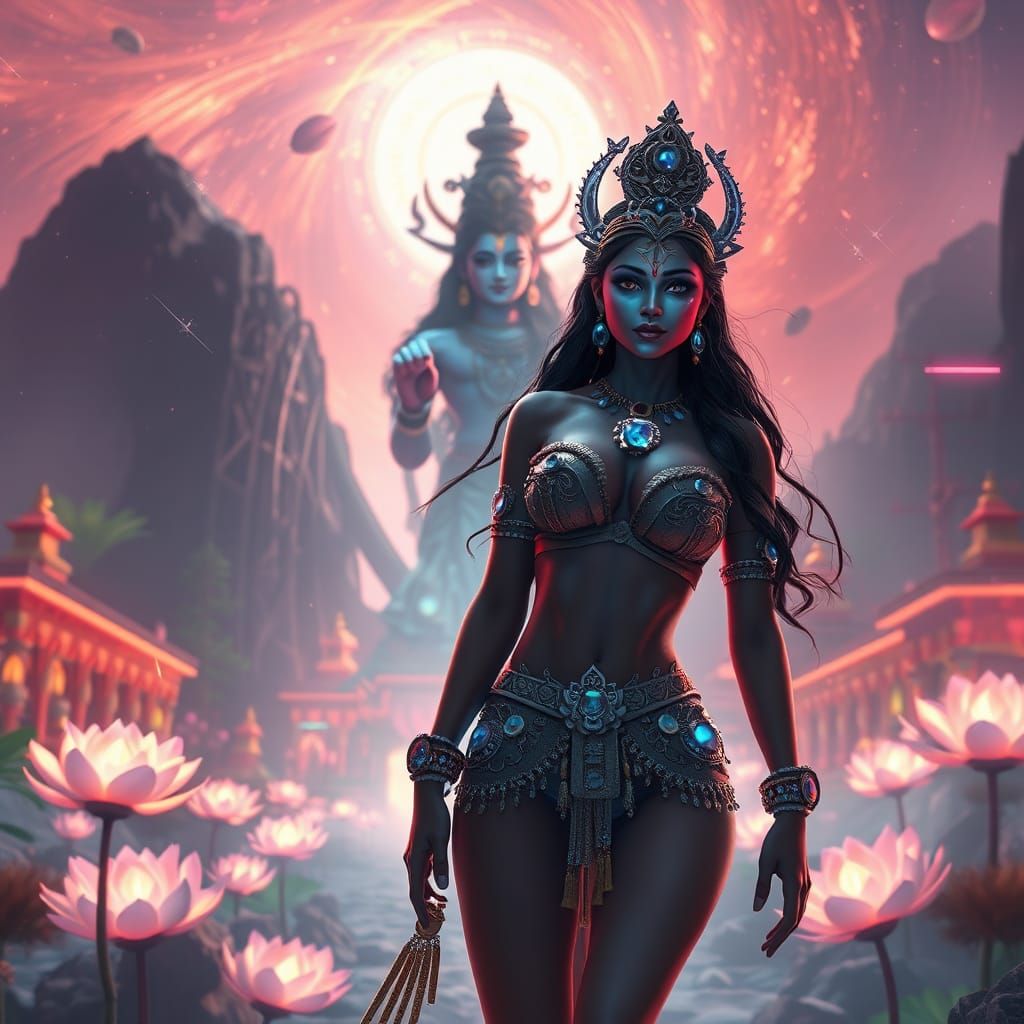 Futuristic Vishnu and Woman Approaching Mount Meru in Cyberp...