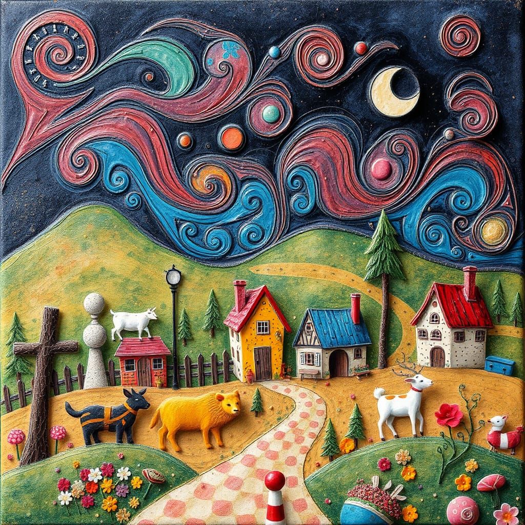 Encaustic Village Scene with Animals in Gouache Style