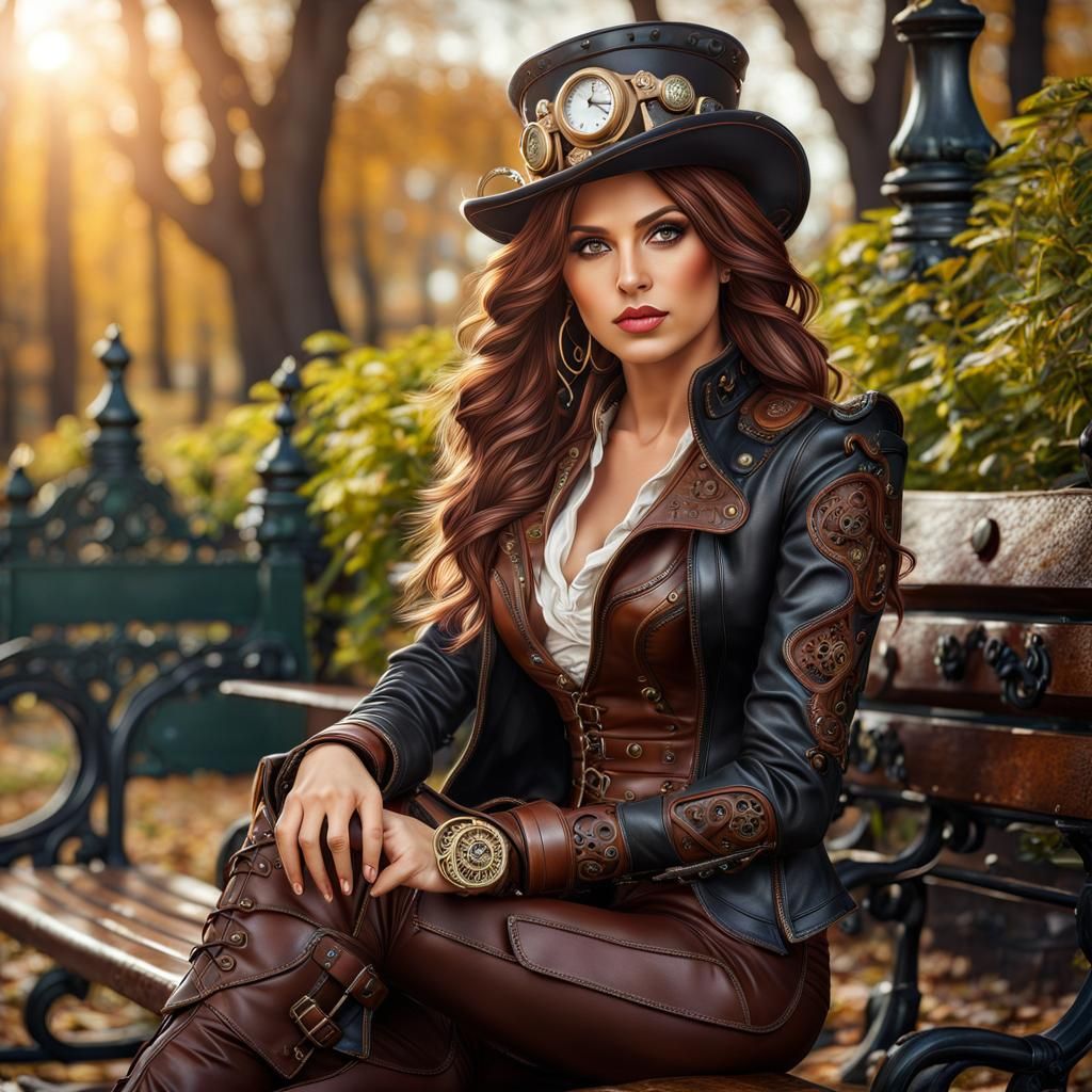 Steampunk Woman Relaxing on Park Bench in 8K