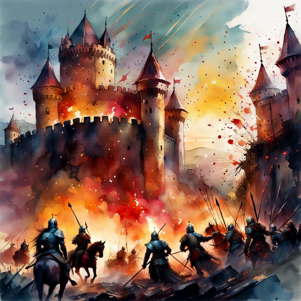 Medieval Castle Siege in Digital Watercolor